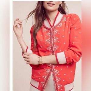 Anthropologie Floral Embroidered Bomber Jacket Red Orange Boho Festival Size XS